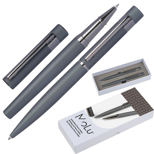 Set da scrittura in metallo grigio con penna a sfera e roller.