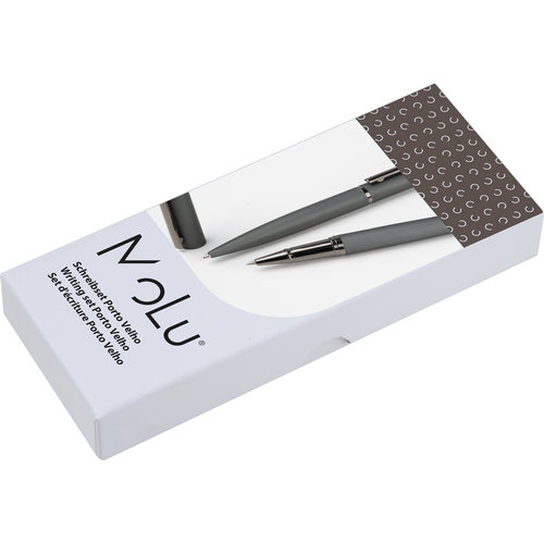 Set da scrittura antracite con penna a sfera e roller in confezione regalo.