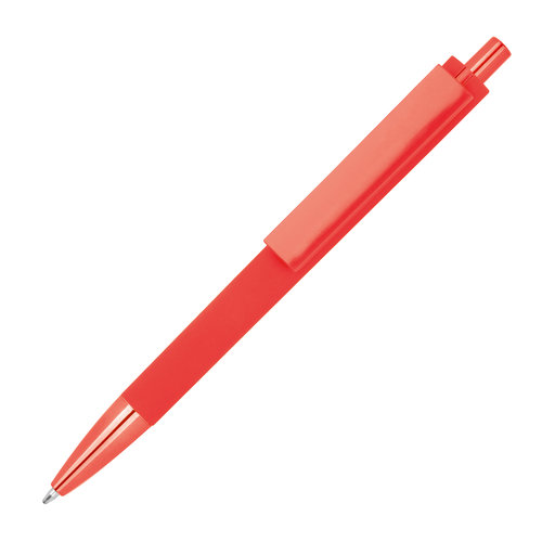 Penna a sfera rossa in ABS con clip e meccanismo a pressione.