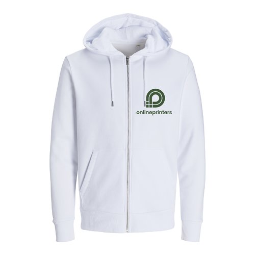 Felpa bianca con cappuccio in cotone biologico e poliestere riciclato con zip integrale.