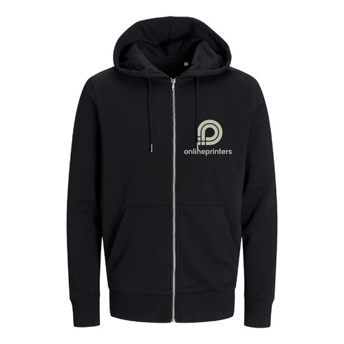 Felpa nera in tessuto con cappuccio e zip integrale, taglio unisex.