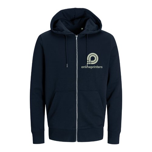 Felpa con cappuccio blu navy in cotone organico e poliestere riciclato con zip integrale.