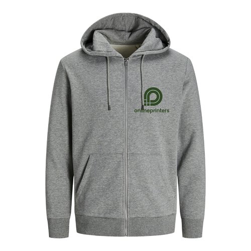 Giacca felpa grigia mlange in cotone organico e poliestere riciclato con cappuccio e zip integrale.