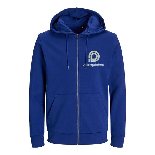 Giacca felpa blu scuro in misto cotone con cappuccio e zip integrale.