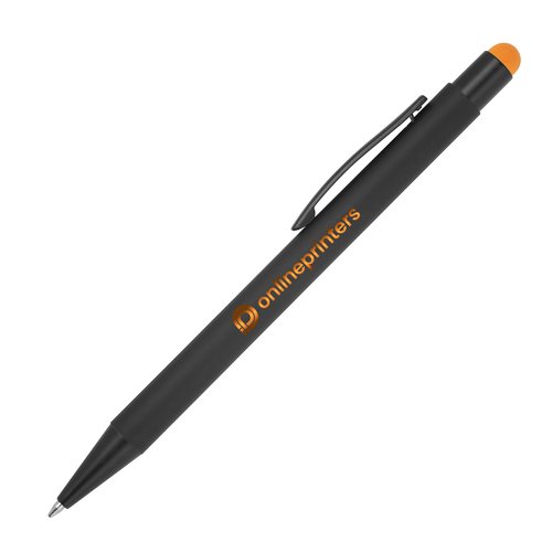 Penna a sfera in metallo arancione con funzione touch e clip.