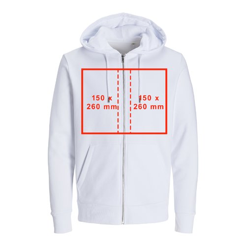 Giacca felpa in tessuto bianco con cappuccio, zip e taglio unisex.