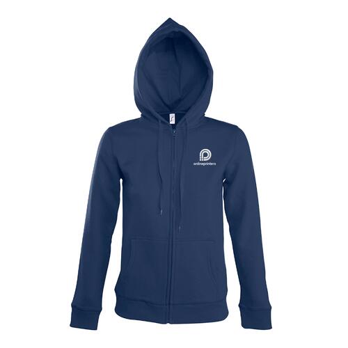 Giacca da allenamento da donna blu navy in misto cotone con cappuccio e zip integrale.