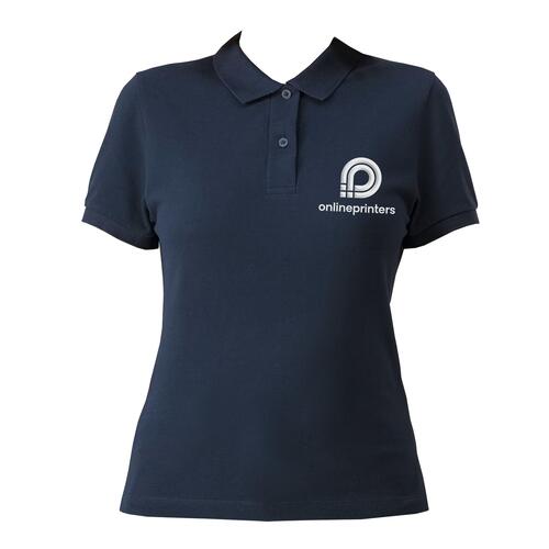 Polo da donna blu navy in cotone biologico con abbottonatura corta.