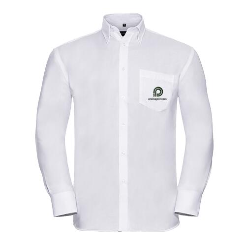 Camicia bianca in tessuto da uomo con maniche lunghe e abbottonatura.