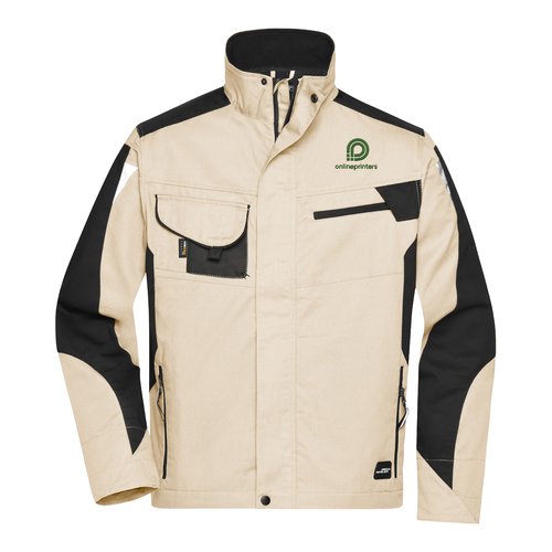 Giacca da lavoro beige/nera in poliestere e cotone con collo alla coreana e diverse tasche.