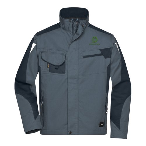 Giacca da lavoro grigio scuro in misto poliestere-cotone con zip e tasche multiple.