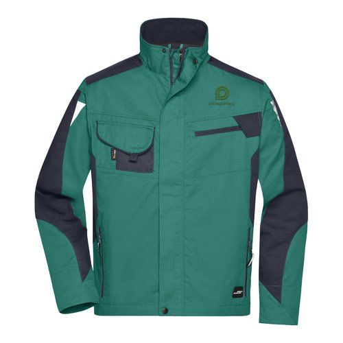 Giacca da lavoro verde scuro e nera in misto poliestere-cotone con tasche multiple.