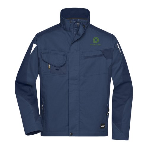 Giacca da lavoro blu navy in misto poliestere-cotone con tasche multiple.