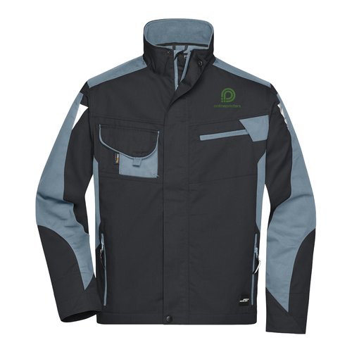 Giacca da lavoro unisex in materiale resistente con zip e tasche multiple.