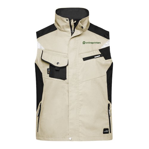 Gilet da lavoro beige/nero in misto poliestere-cotone con molteplici tasche.