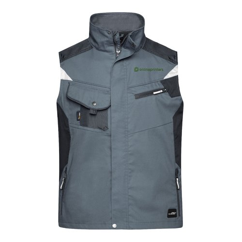 Gilet da lavoro grigio scuro in misto poliestere-cotone con molteplici tasche e cerniera.