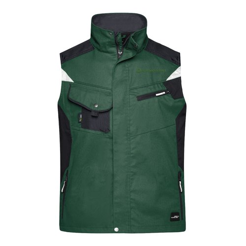 Gilet da lavoro verde scuro in poliestere-cotone con tasche multiple.