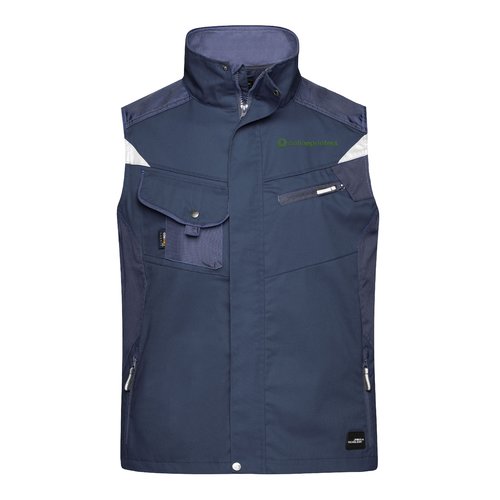 Gilet da lavoro blu navy in misto poliestere-cotone con zip integrale e tasche multiple.