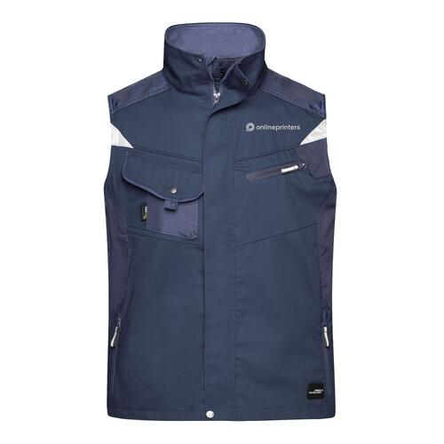 Gilet da lavoro blu navy in misto poliestere-cotone con zip integrale e tasche multiple.