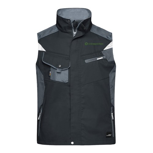 Gilet da lavoro nero e grigio in poliestere-cotone con tasche multiple.
