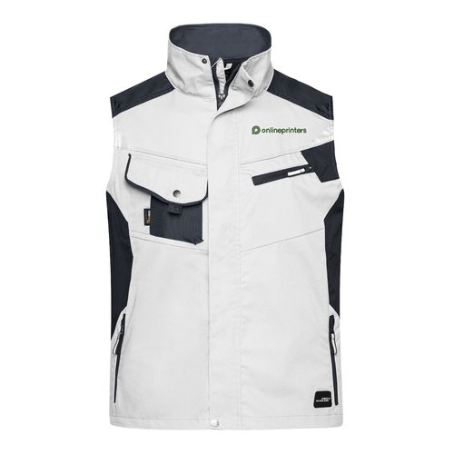 Gilet da lavoro bianco e grigio in misto poliestere-cotone con tasche.