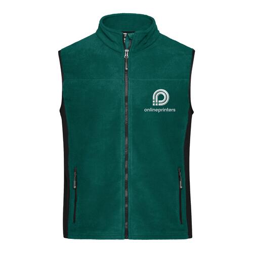 Gilet in pile di poliestere verde scuro con zip integrale e tasche laterali.