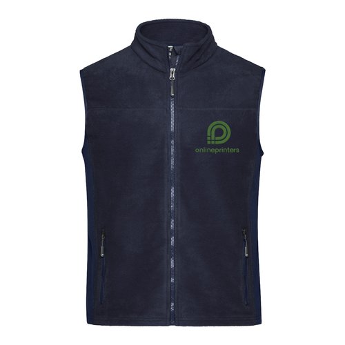 Gilet in pile di poliestere blu navy con zip integrale e tasche laterali.