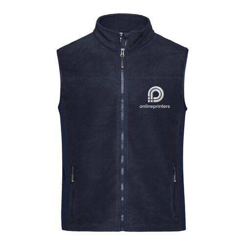 Gilet in pile di poliestere blu navy con zip integrale e tasche laterali.