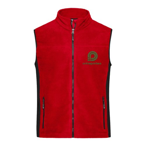 Gilet in pile di poliestere rosso con zip integrale e tasche laterali.