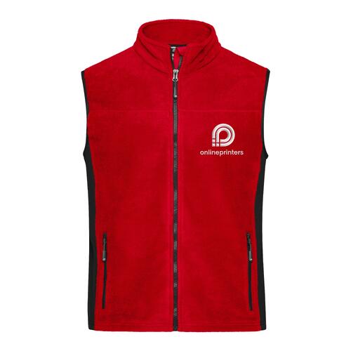 Gilet in pile di poliestere rosso con zip integrale e tasche laterali.