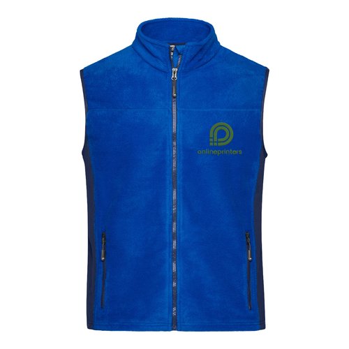 Gilet in pile di poliestere blu con zip integrale e tasche laterali.