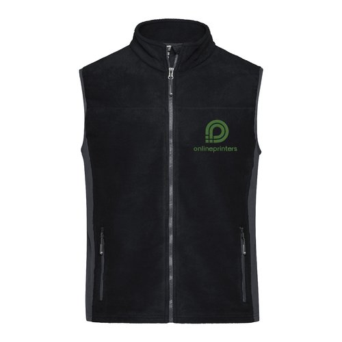 Gilet in pile di poliestere nero e grigio con zip integrale.