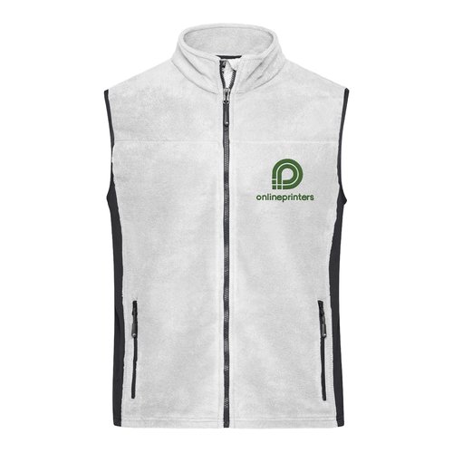 Gilet in pile di poliestere bianco da uomo con zip integrale e tasche laterali.