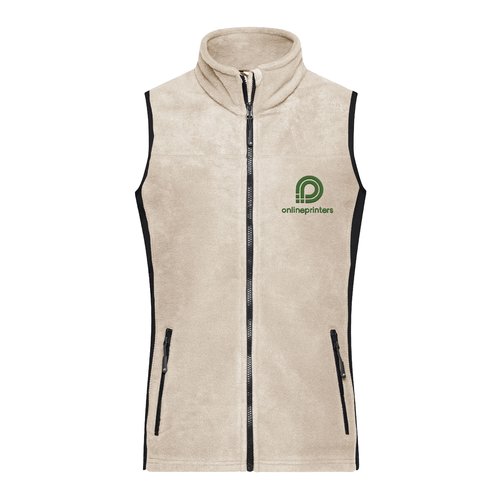 Gilet in pile beige da donna con zip integrale e tasche laterali.