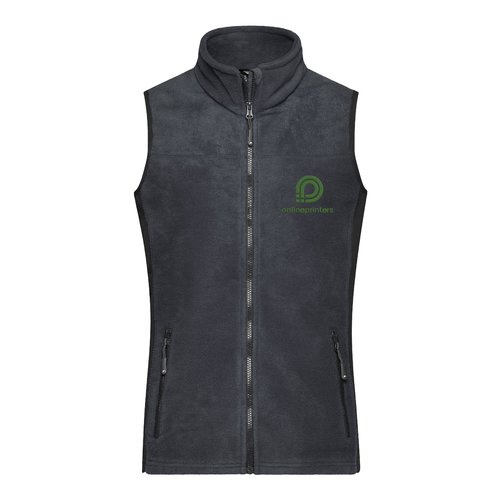 Gilet in pile di poliestere grigio scuro con zip integrale e tasche laterali.