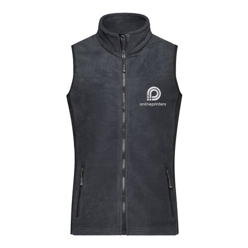 Gilet in pile di poliestere grigio scuro con zip integrale e tasche laterali.
