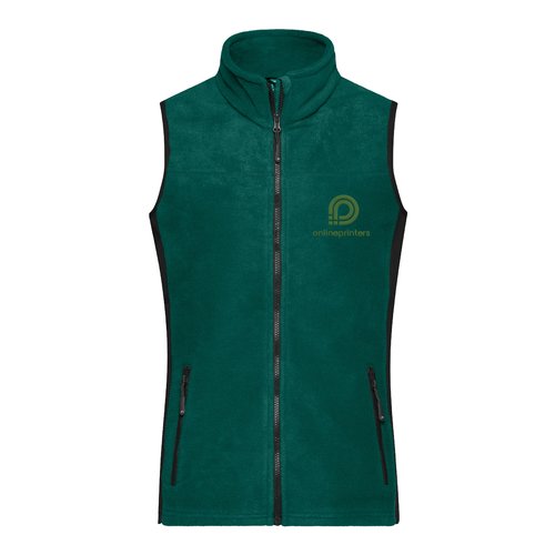 Gilet in pile di poliestere verde scuro con zip integrale e tasche.