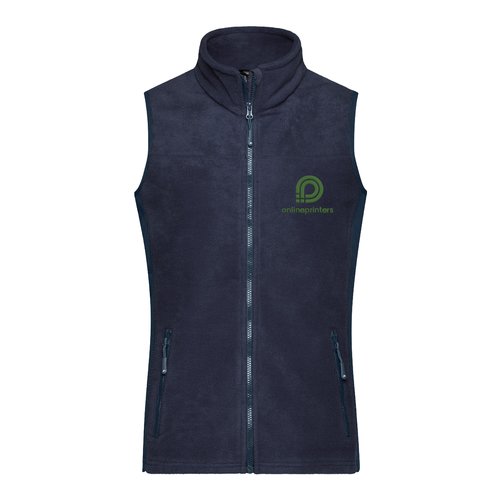 Gilet in pile di poliestere blu navy con zip integrale e tasche laterali.