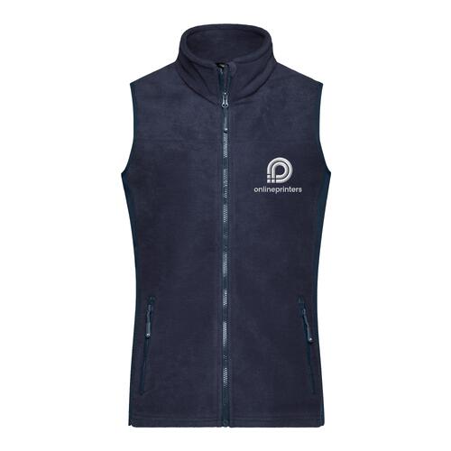 Gilet in pile di poliestere blu navy con zip integrale e tasche laterali.
