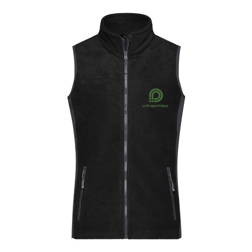 Gilet in pile di poliestere nero e grigio con cerniera integrale.