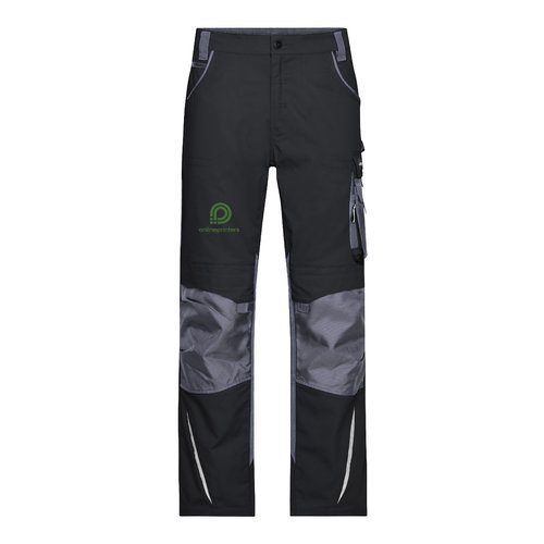 Pantaloni da lavoro neri in materiale resistente con tasche multiple.