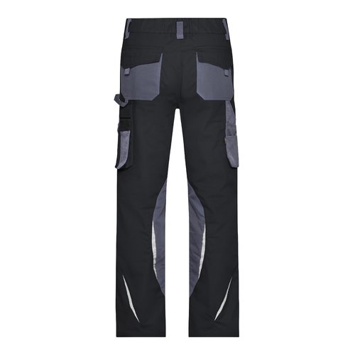 Pantaloni da lavoro neri e grigi in poliestere e cotone con molteplici tasche.