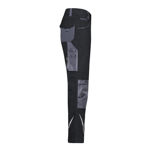 Pantaloni da lavoro neri e grigi in misto poliestere-cotone con tasche multiple.