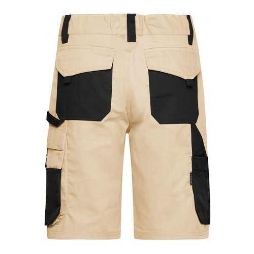 Pantaloncini da lavoro beige/nero in misto cotone con tasche multiple.