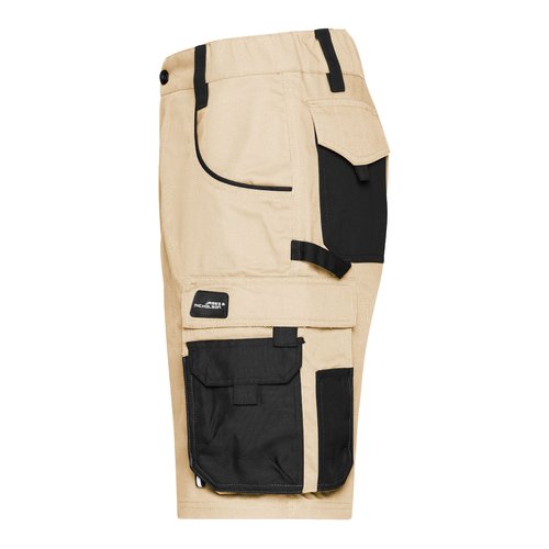 Pantaloncini beige e neri in poliestere-cotone con tasche multiple.