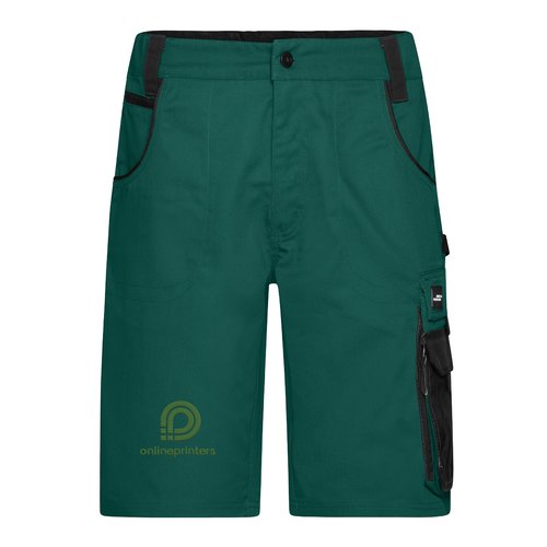 Pantaloncini da lavoro verdi in materiale resistente con diverse tasche.
