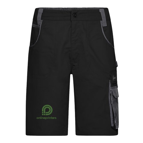 Pantaloncini da lavoro neri e grigi in misto poliestere-cotone con tasche multiple.