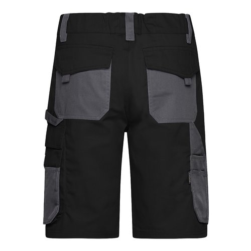 Pantaloncini da lavoro neri e grigi in misto poliestere-cotone con tasche multiple.