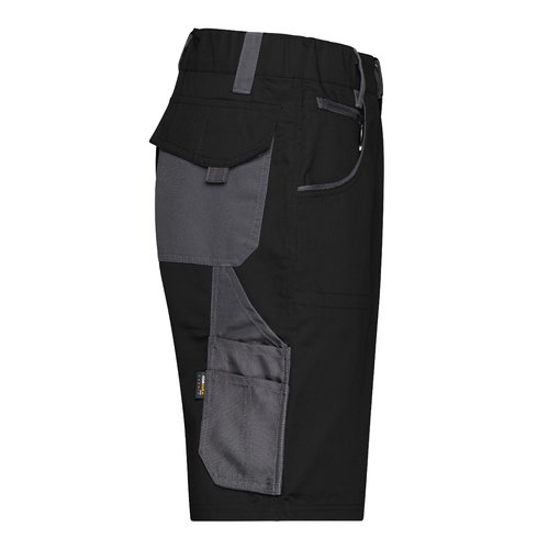 Pantaloncini da lavoro neri e grigi in poliestere-cotone con multiple tasche.