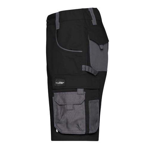 Pantaloncini da lavoro neri e grigi in misto poliestere-cotone con tasche multiple.
